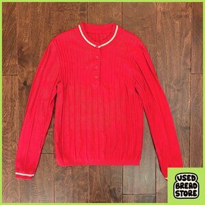 Retro Womens Size 4 (Girls 16) Red Ribbed Long Sleeve Henley Shirt White Stripes
